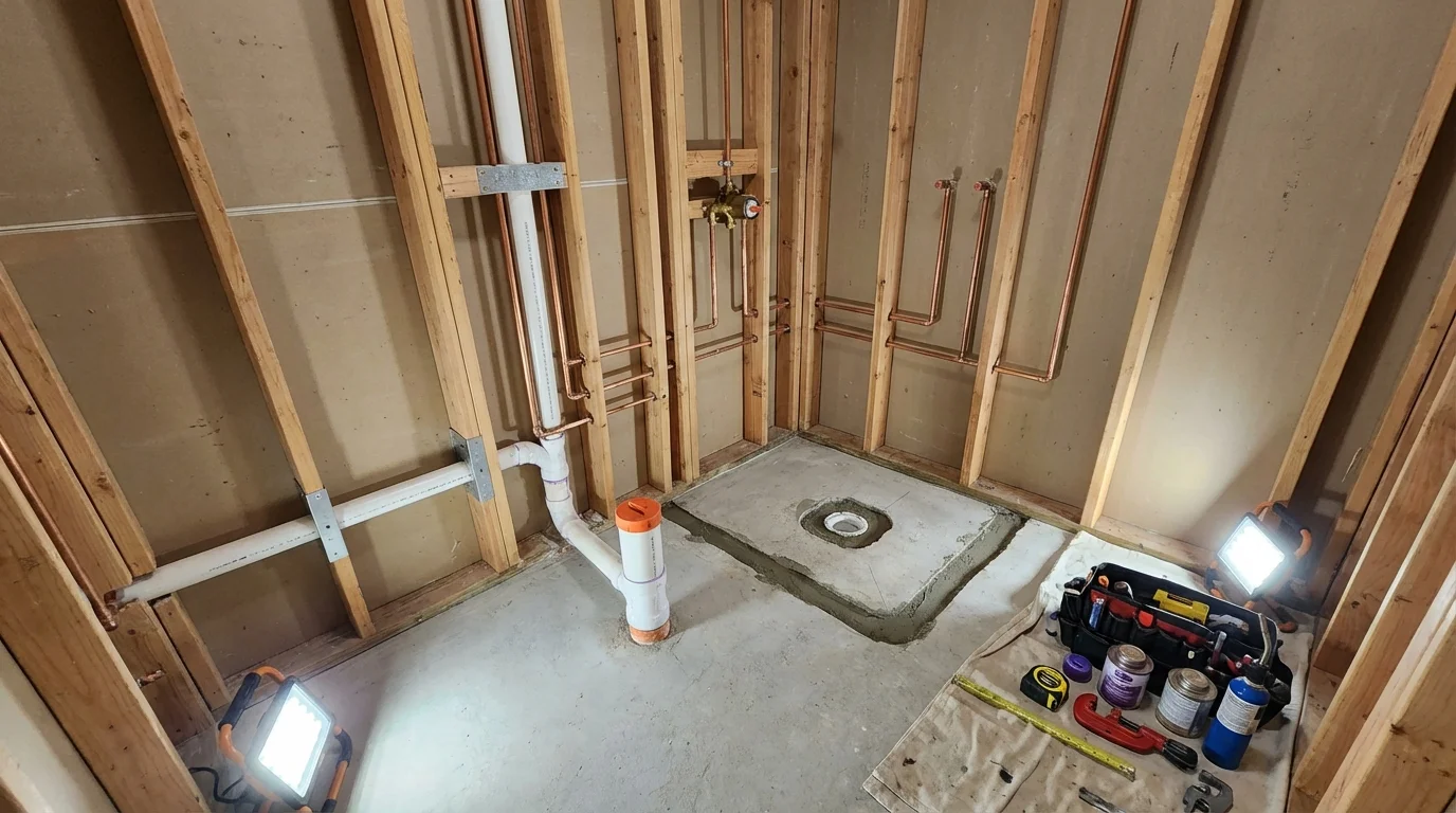 Bathroom rough-in plumbing during remodel by Johns Plumbing LLC in Hawthorne
