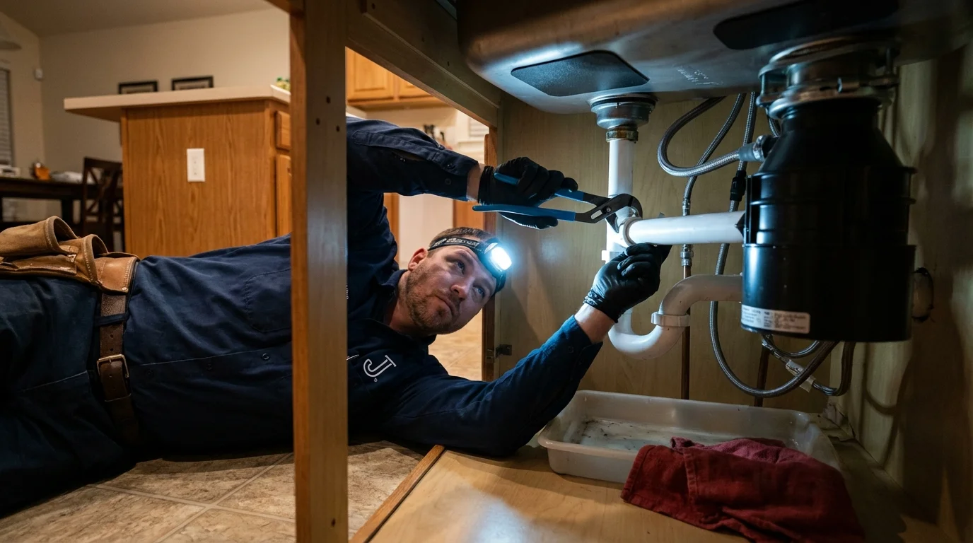 P-trap and supply line connections under a kitchen sink showing a common leak point in Hawthorne, NV